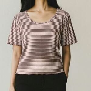 Express Tricot Striped Stretch Knit Top Burgundy White Size L